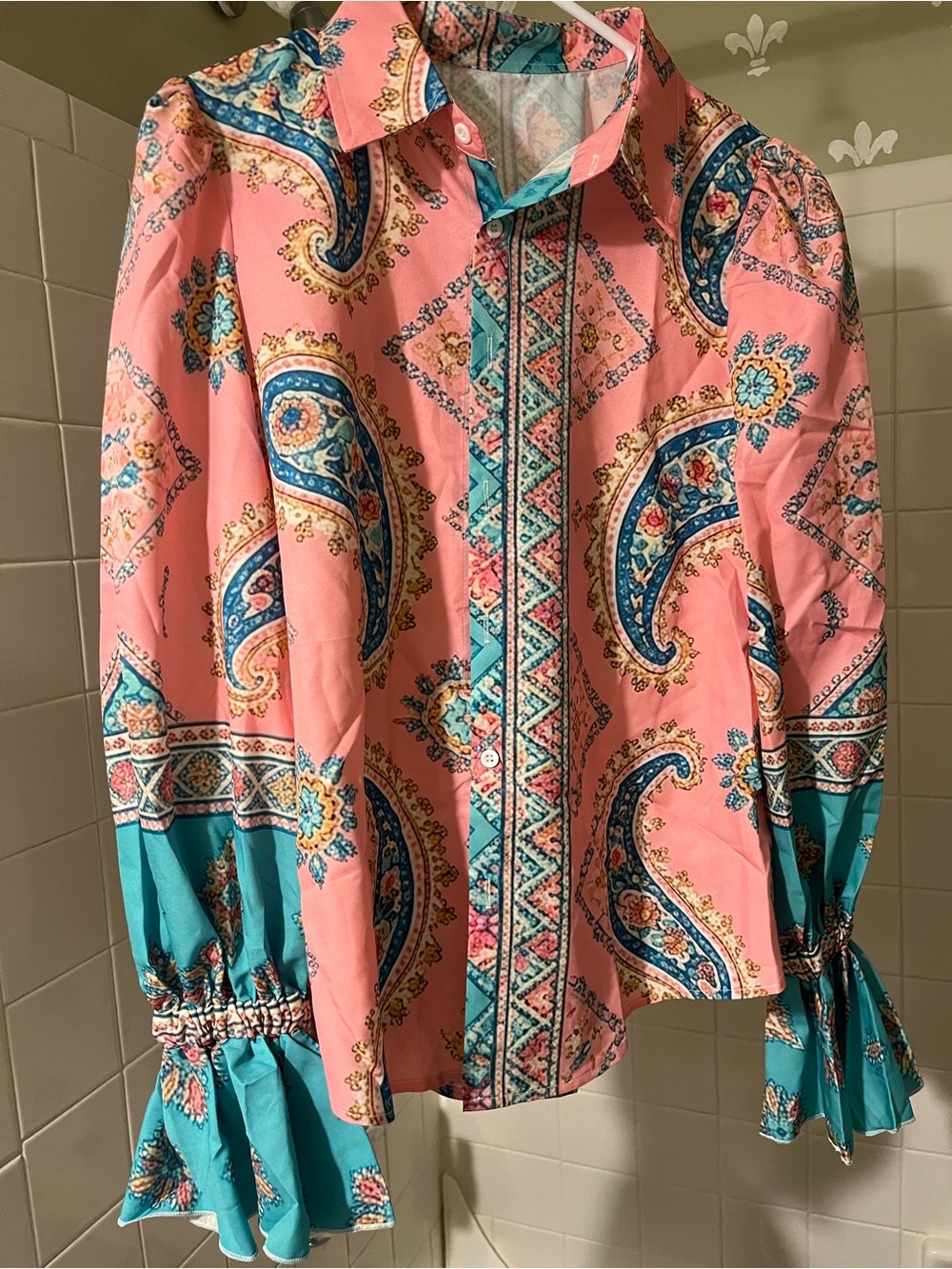 Women's Pink Paisley Button-Up Blouse with Teal Accents